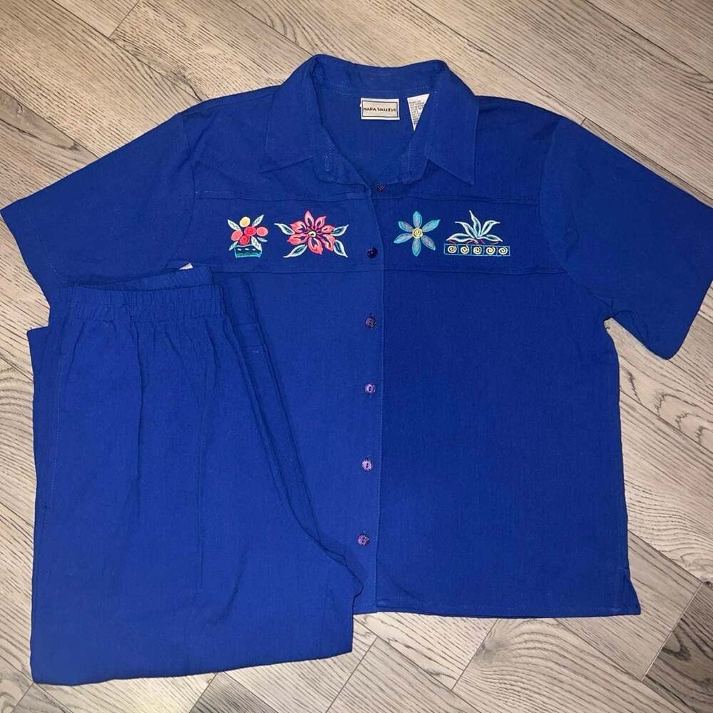 Napa Valley Women's Floral Embroidered Button-Up Shirt and Pants Set